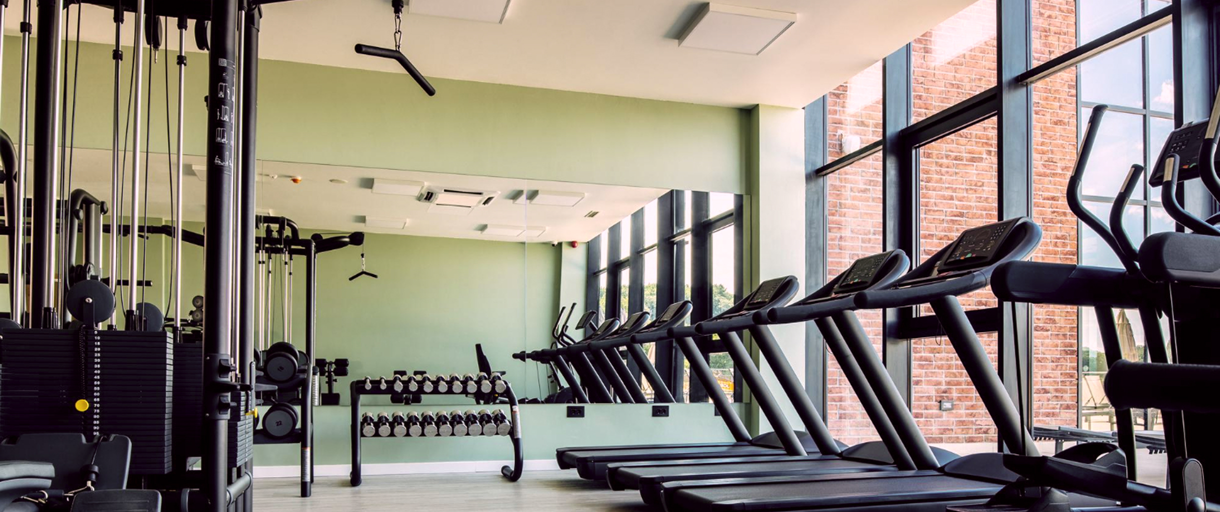 Современный тренажёрный зал с беговыми дорожками вдоль окон, силовыми тренажёрами и стойкой с гантелями, светлыми стенами и большими зеркалами.